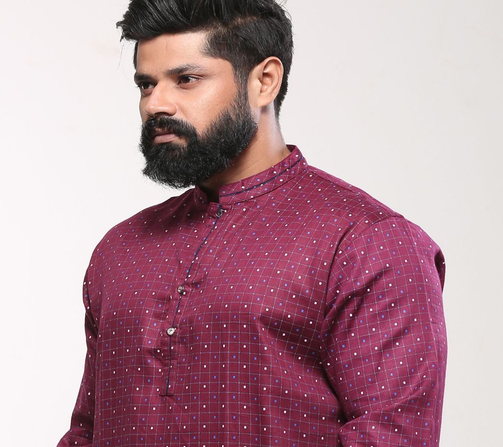 China Cotton Mens Punjabi - Maroon Navy Check Ball - dd22
