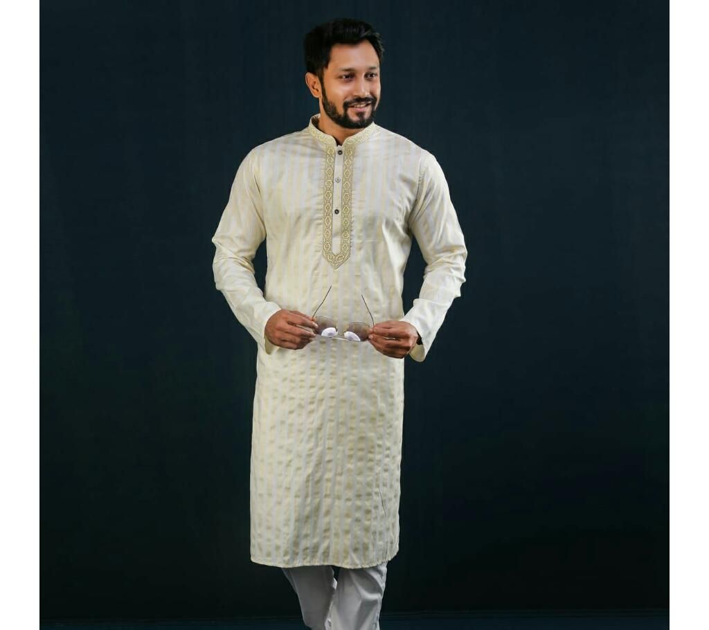 Men's Semi Long Panjabi   Cream with Gold Design in Neck