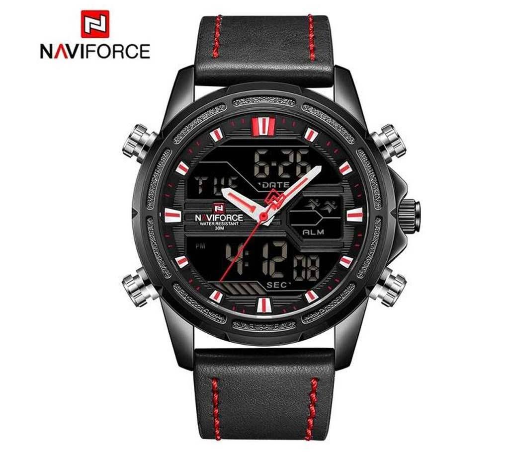 NAVIFORCE NF9138 PU LEATHER TWO TIME WRIST WATCH FOR MEN - BLACK & RED