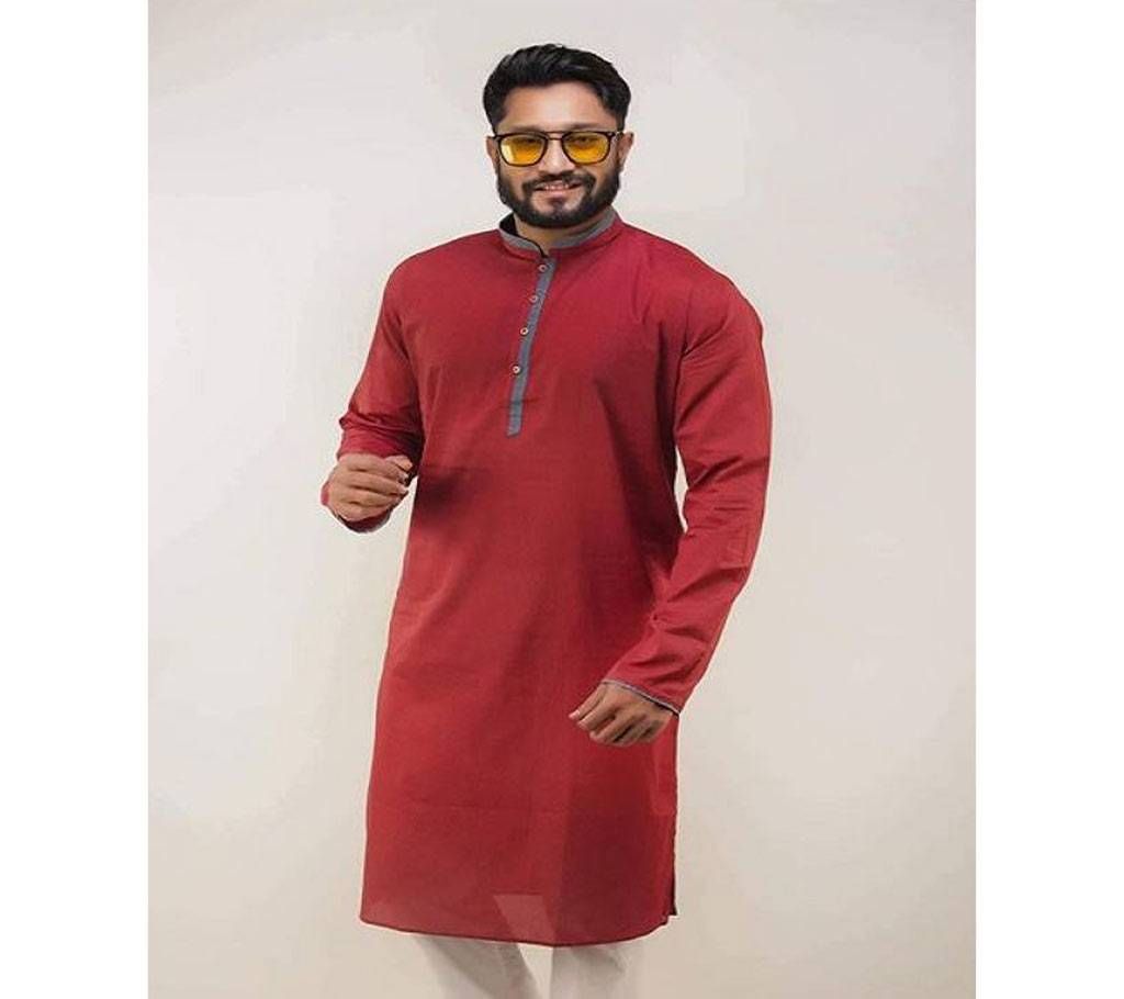 Maroon Red with Maroon Red and Ash Mix Collar Cotton Panjabi  17