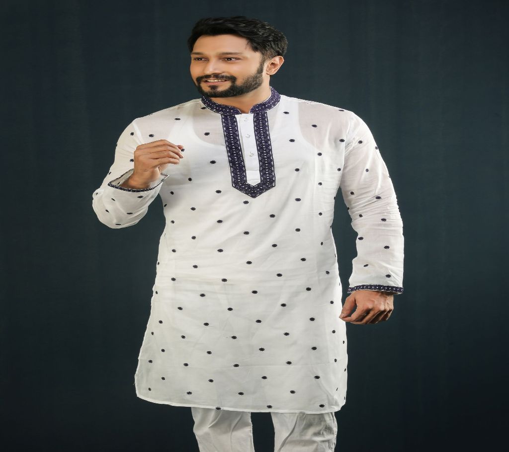 Eid Stylish Semi Long Panjabi - White with Ball Print and Neck Embroidery - 239