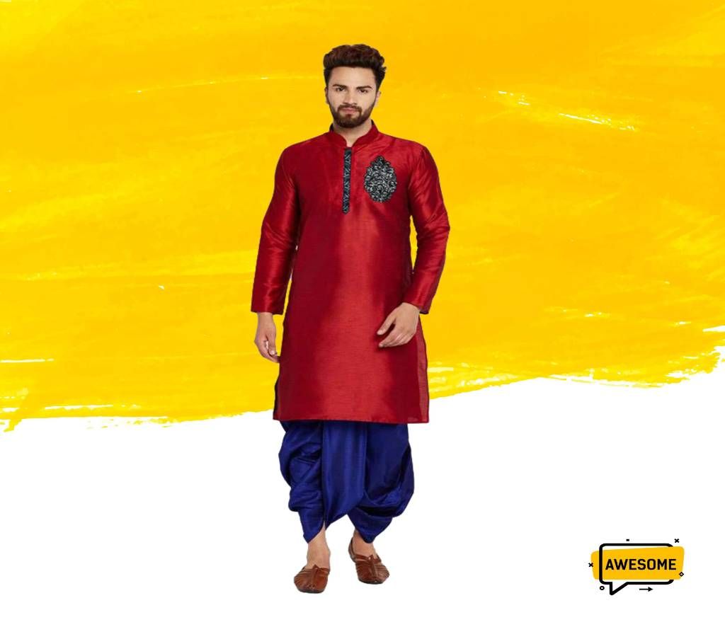 Maroon Semi Long Silk Panjabi for Men 