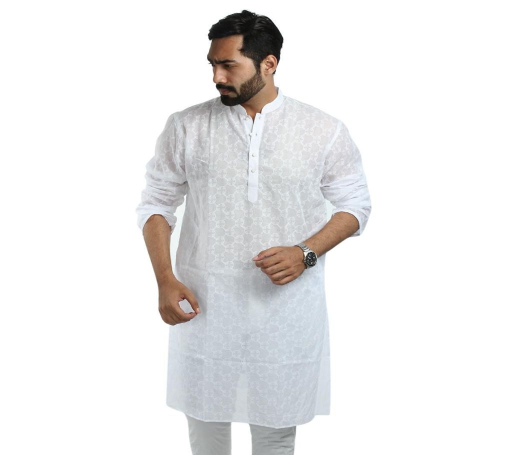 Thai Cotton Panjabi For Man - Full White With Ball Print - dd26