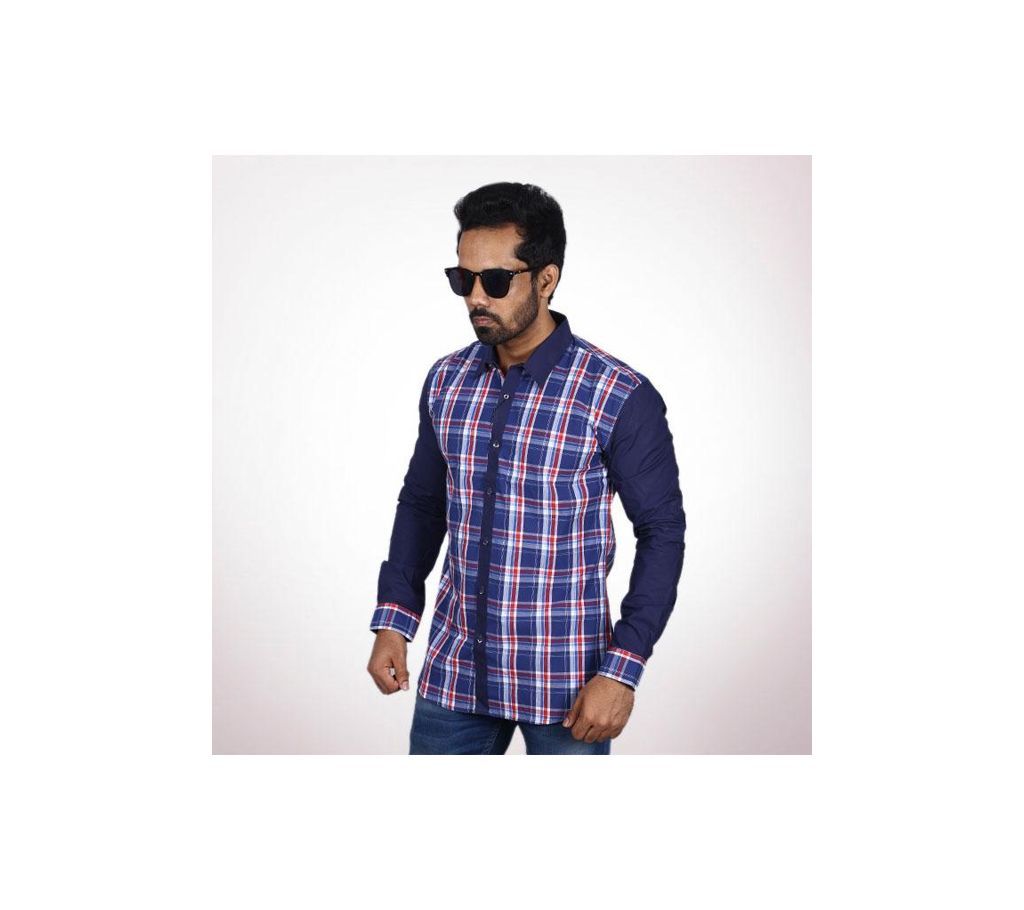 Navy Blue and White Cotton Casual Long Sleeve Shirt For Men