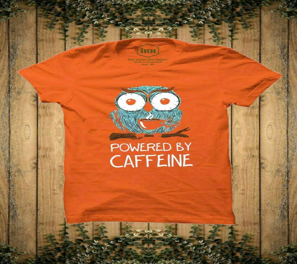 POWERED BY CAFFEINE Exclusive Design Rubber Print Half-Sleeve T-shirt For Men(Orange)