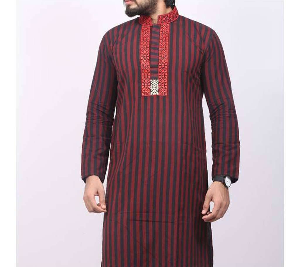 Black and Red Printed Cotton Panjabi For Men
