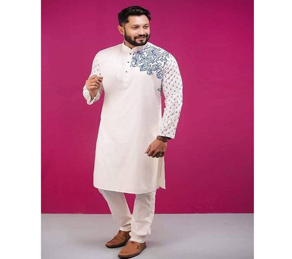 Off White with Blue Flower Design in Shoulder Cotton Panjabi  