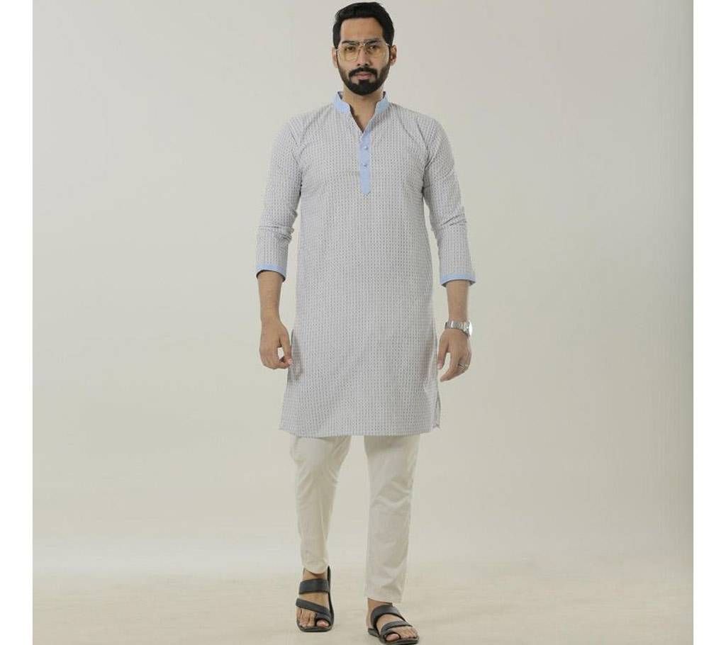 Cotton semi long white printed Panjabi.