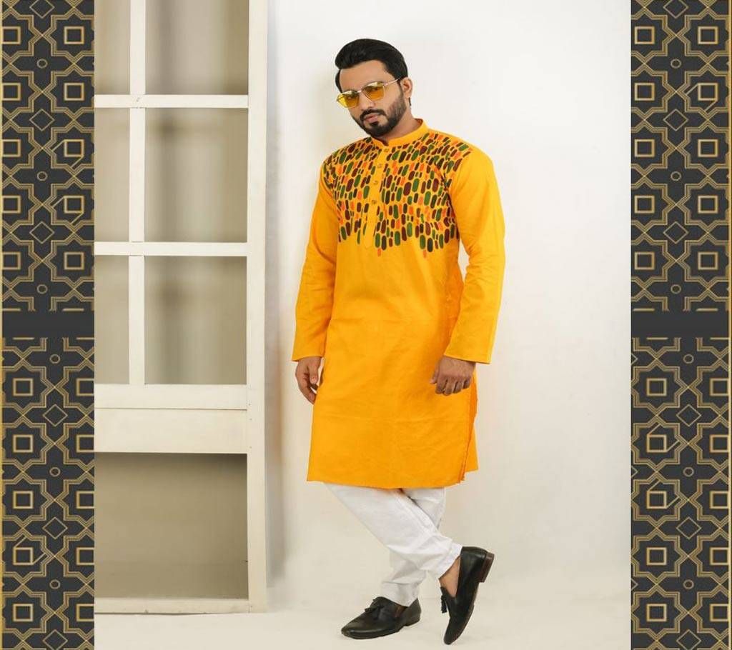 Semi Long Panjabi Yellow With Multi Both Side Design Color- 191103