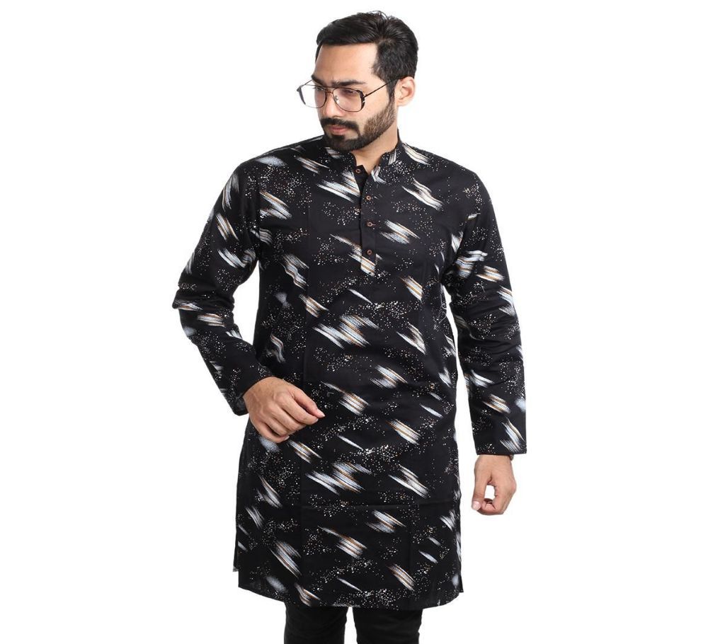 China Cotton Panjabi For Man - Black with White and Red Brush Print - dd7