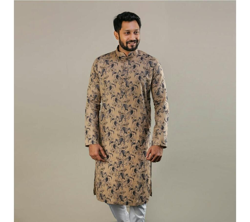 Men's Semi Long Panjabi  Coffee Brown with Black Design in Body
