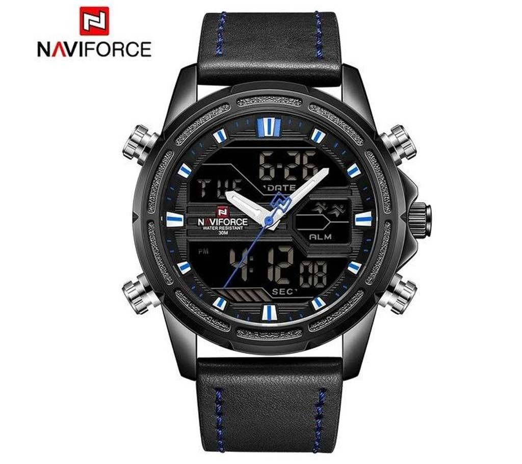 NAVIFORCE NF9138 PU LEATHER TWO TIME WRIST WATCH FOR MEN - BLACK & BLUE