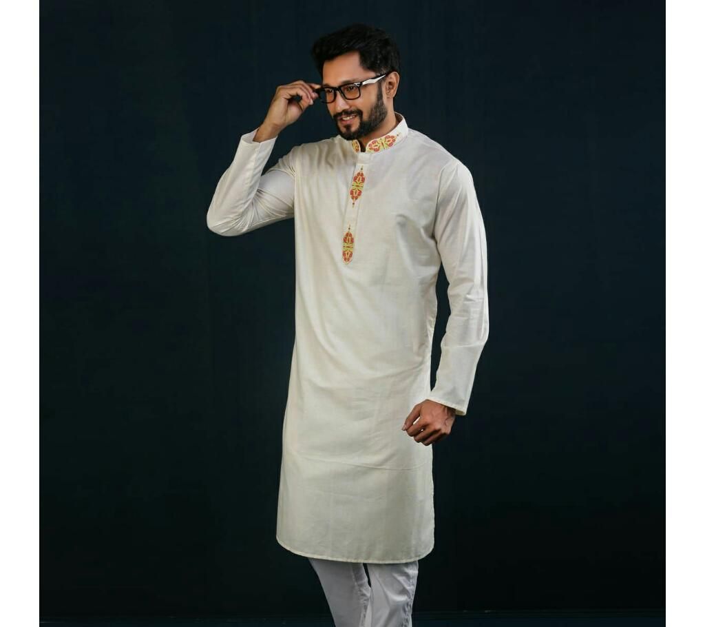 Men's Semi Long Panjabi  Cream off White with Green and Red Design in Neck