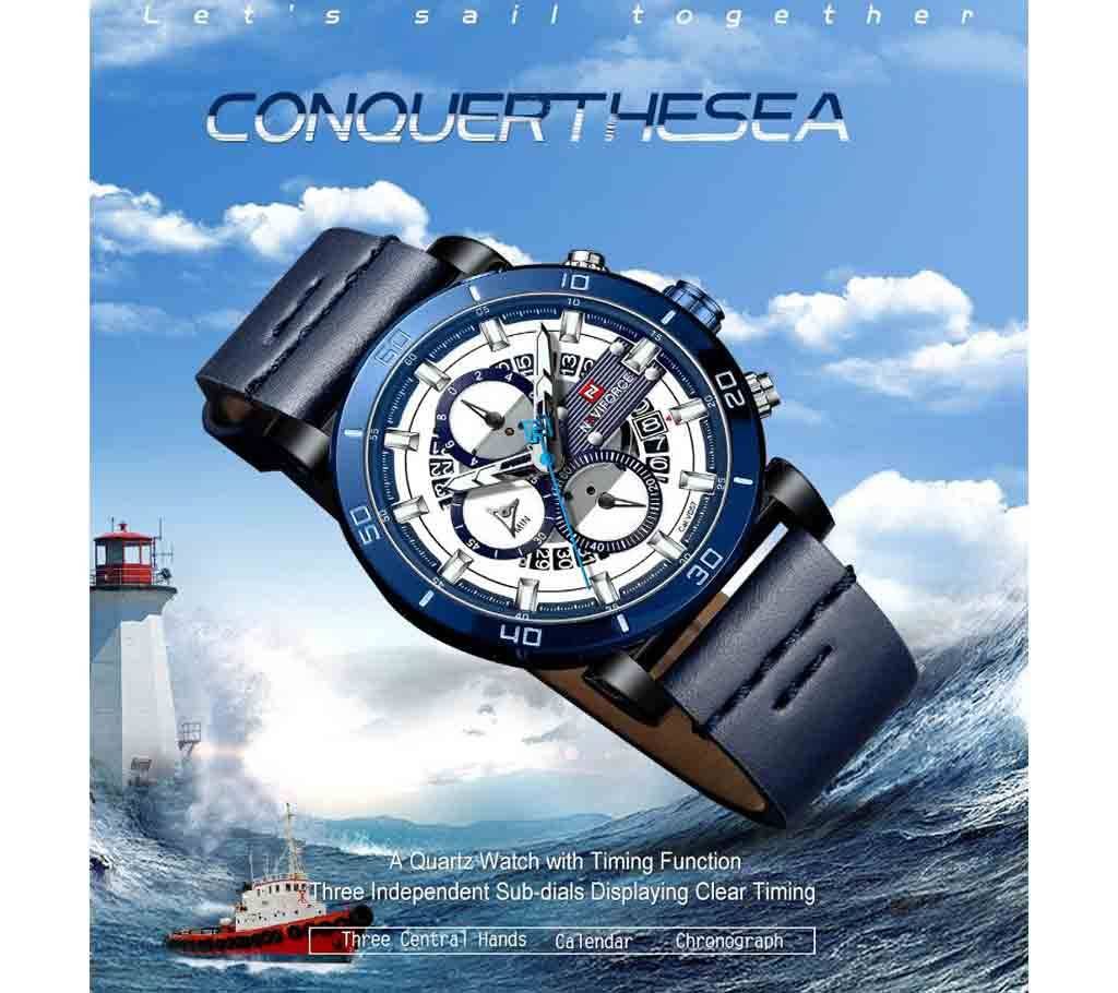 NAVIFORCE Sport Chronograph Watch Fashion Analog Leather Military Man Quartz Clock Relogio Masculino  Blue Timing
