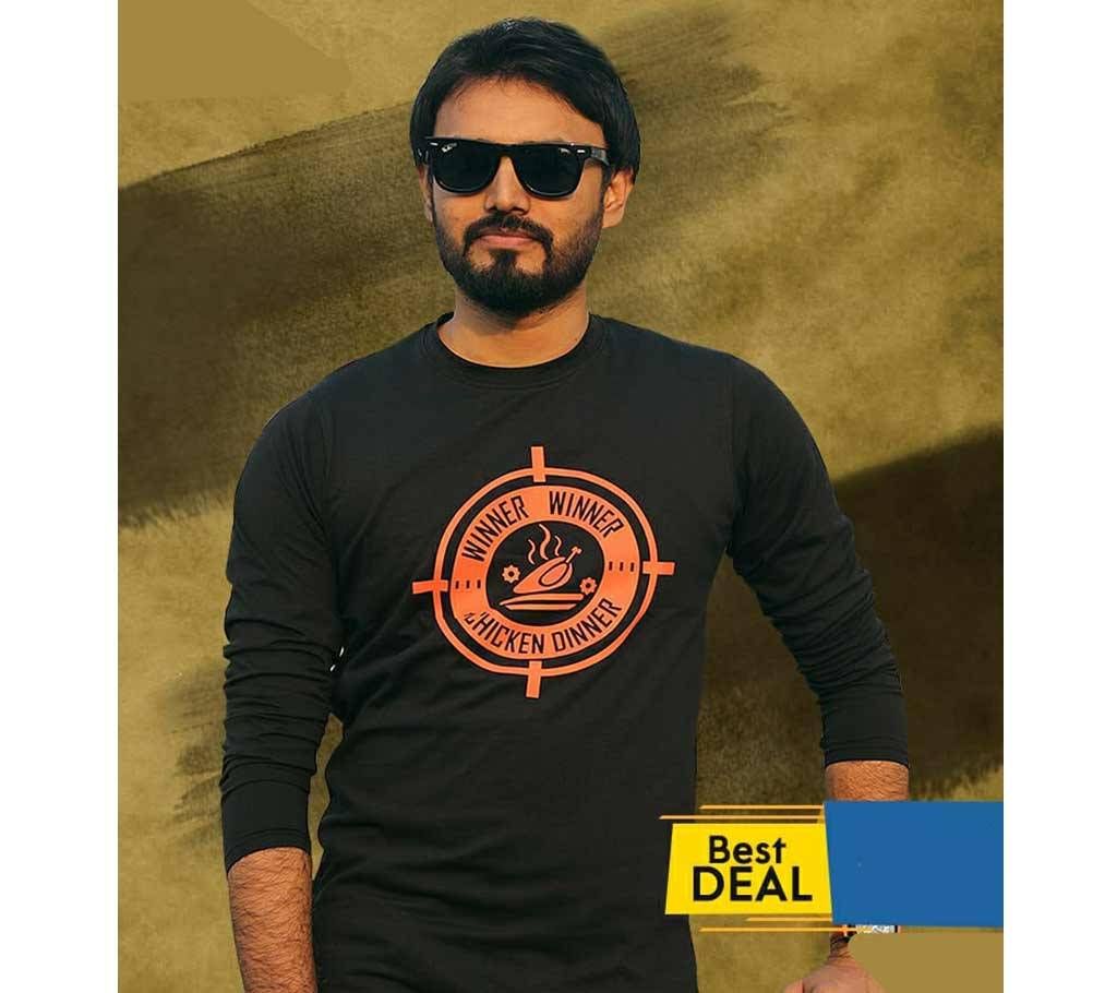 Chicken Dinner Mens Full-sleeve Cotton T-shirt - Black 