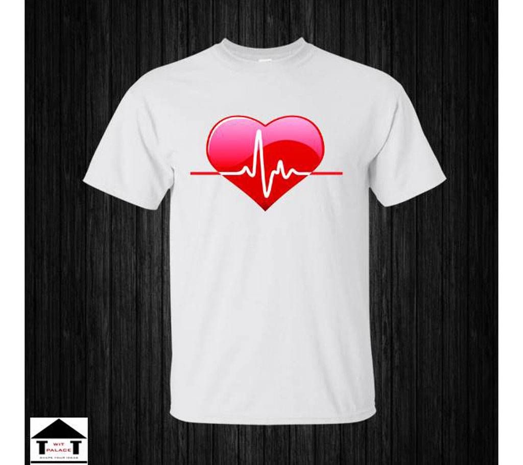 Heart Beat Gents Half Sleeve Cotton T-Shirt White
