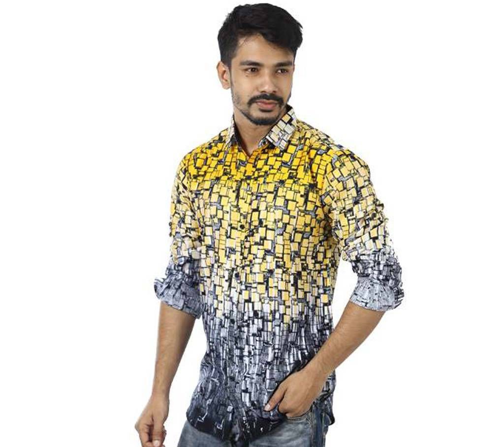 Yellow Printed Cotton Casual Full Sleeve Shirt For Men