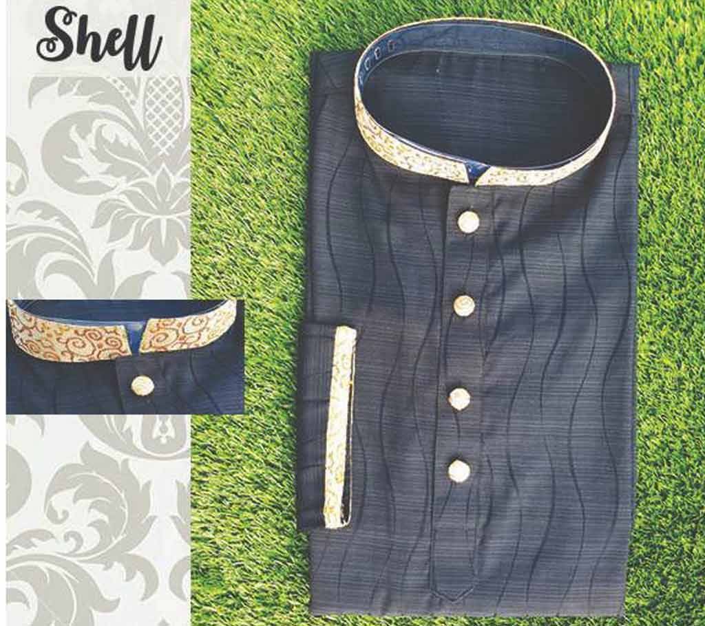 Black Cotton Semi Long  Panjabi For Men