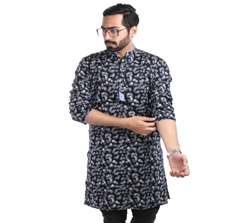 China Cotton Panjabi For Man - Black with Ash White Ball - dd23