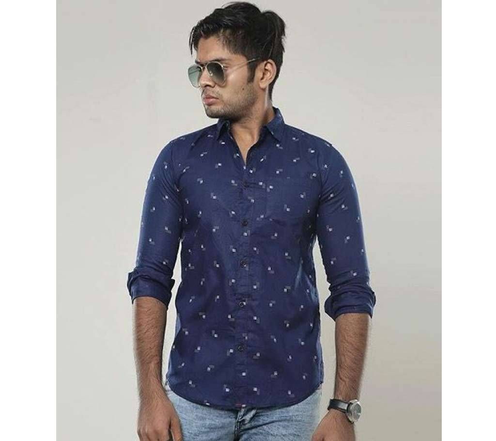 Navy Blue Long Sleeve Printed Casual Shirt for Men