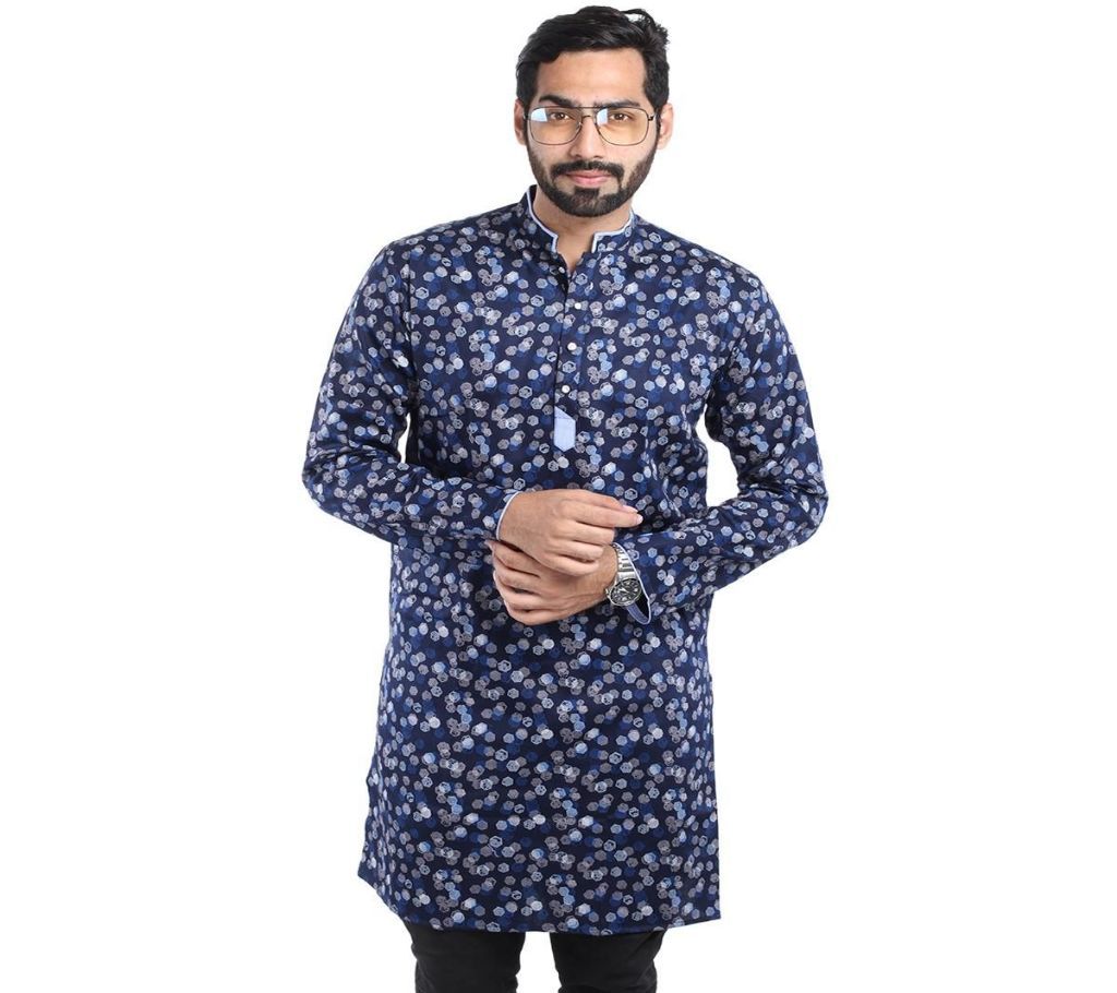 China Cotton Panjabi For Man - Navy Blue with Sky Blue Ball - dd24