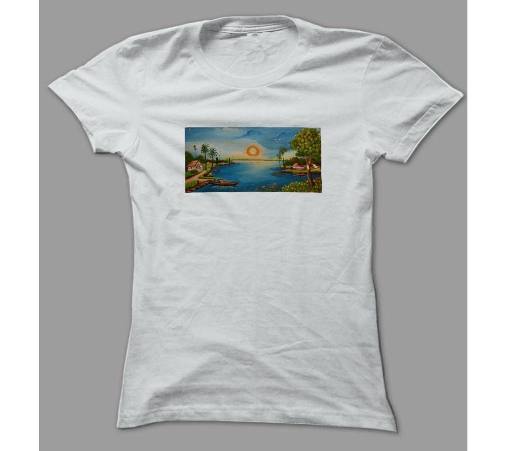 Village Scene White Polyester T-Shirt