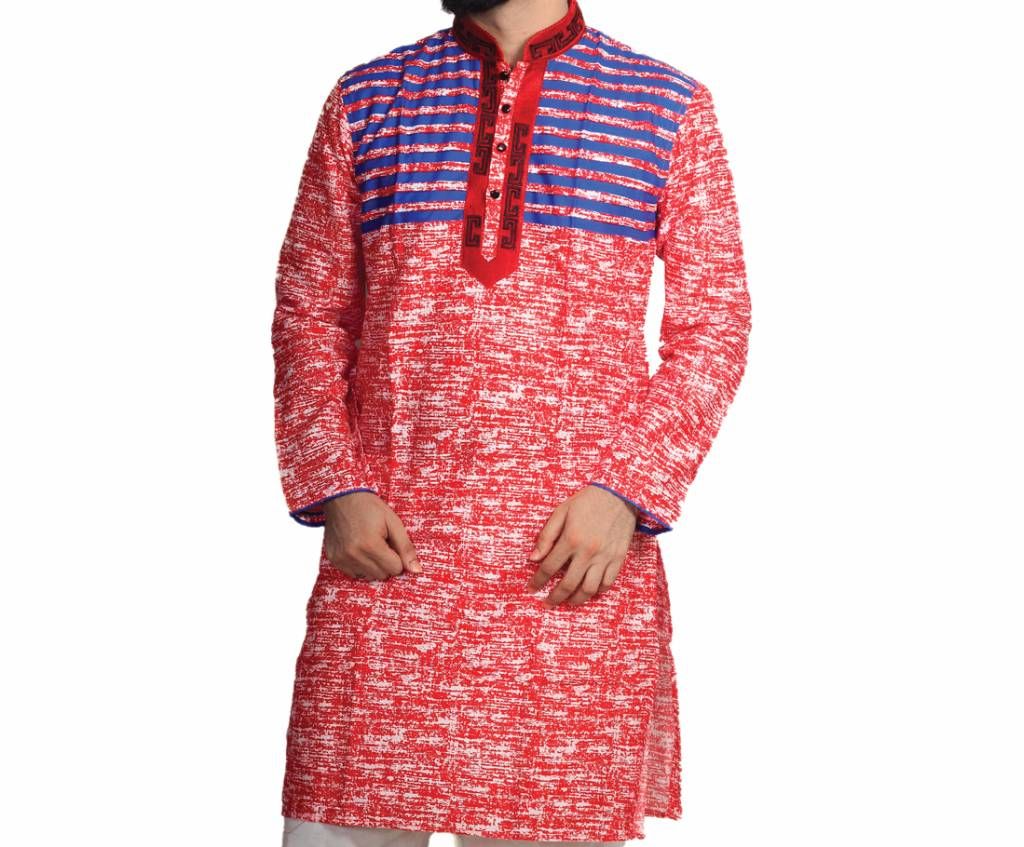 Mens Red Printed Cotton Panjabi