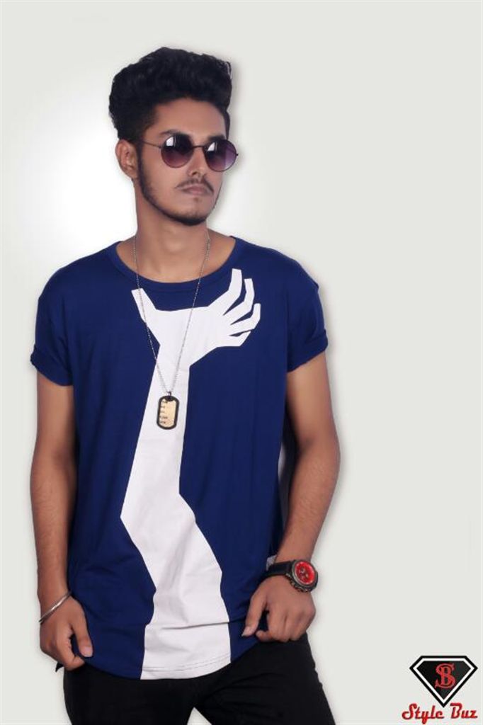 Hand blue printed half sleeve t-shirt