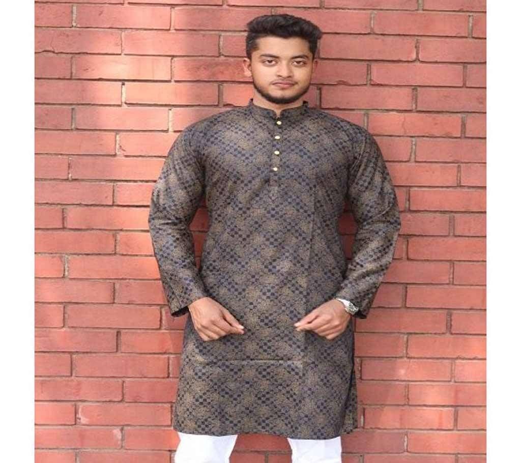 Menz Semi Long Panjabi - Black Color With Gold Color Flower Print  -SU518