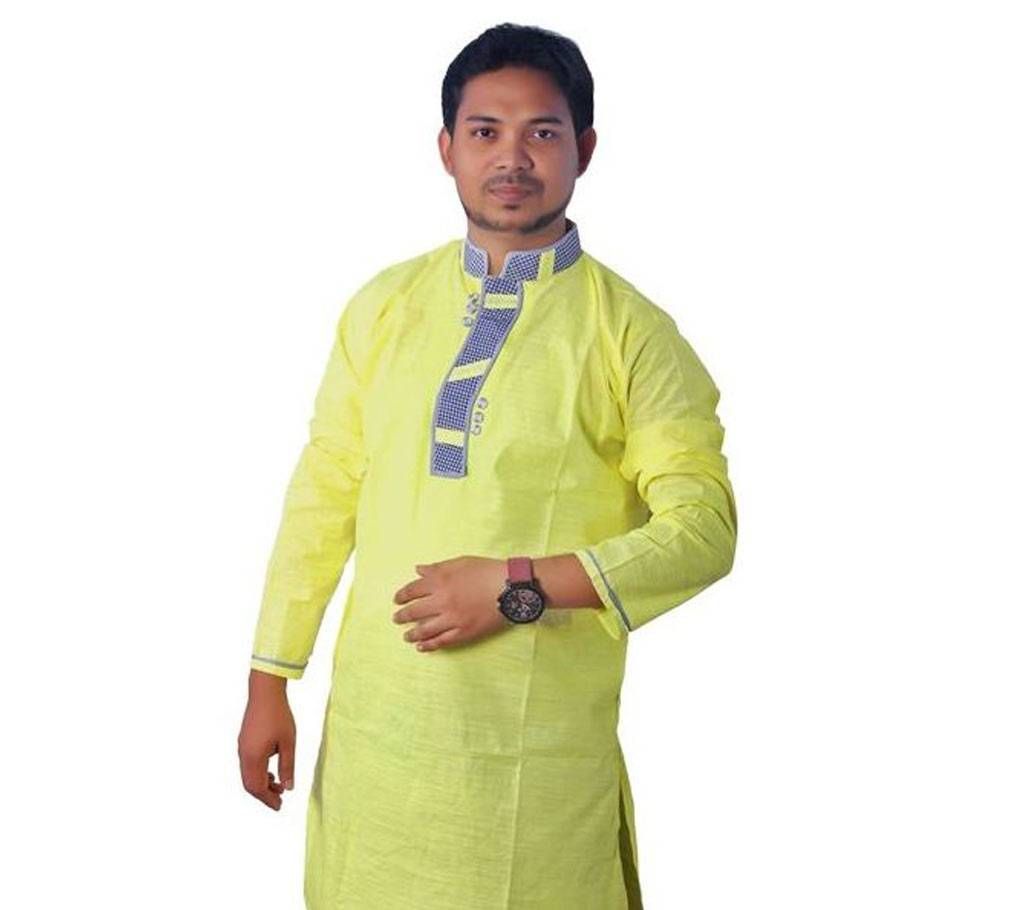Cotton Design Panjabi  Lime Green With Ash Neck Design  102430