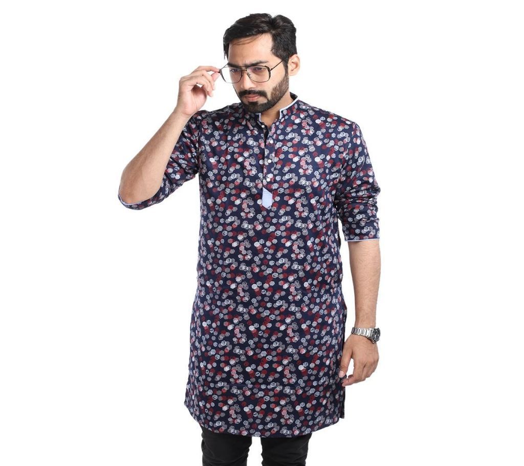 China Cotton Panjabi For Man - Navy Blue with Maroon Ball - dd25