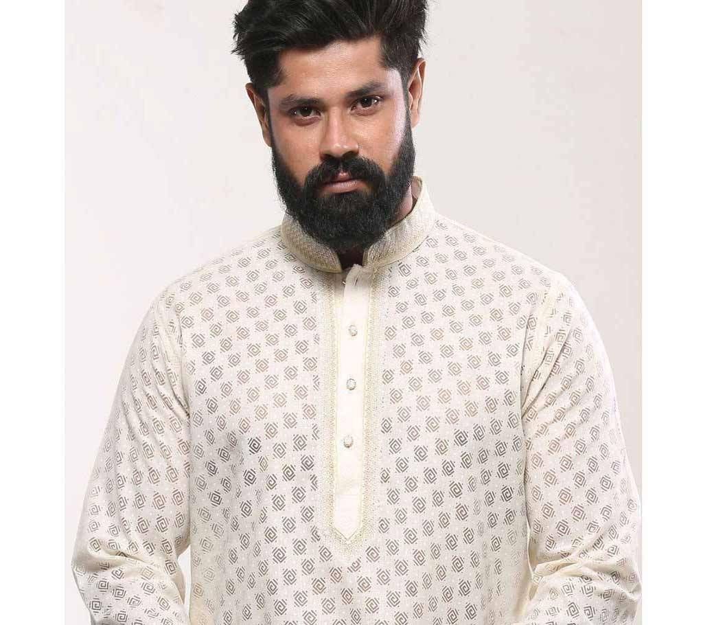 40 - Mens Cotton Punjabi - Off White Water print Embroidery