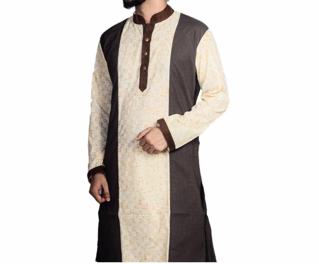 Mens Light Yellow Printed Cotton Panjabi