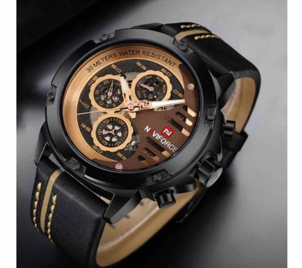 Naviforce Black Leather Wrist Watch for Men