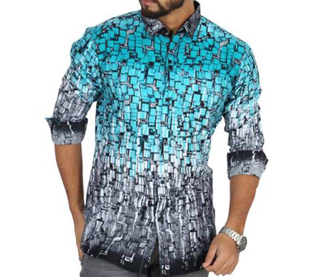 Blue Printed Cotton Casual Full Sleeve Shirt