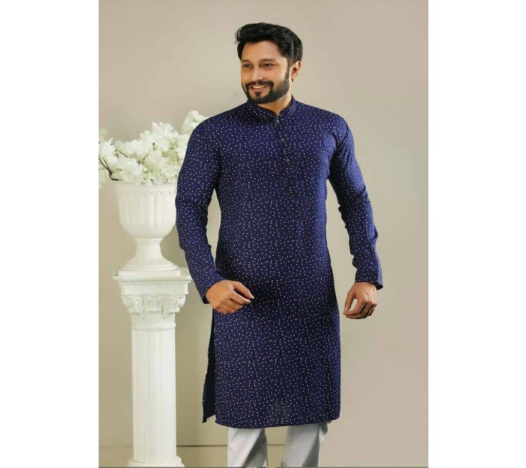 Mens Semi Long Panjabi - 33 - Navy Blue with Dot Design(Code-SU781)