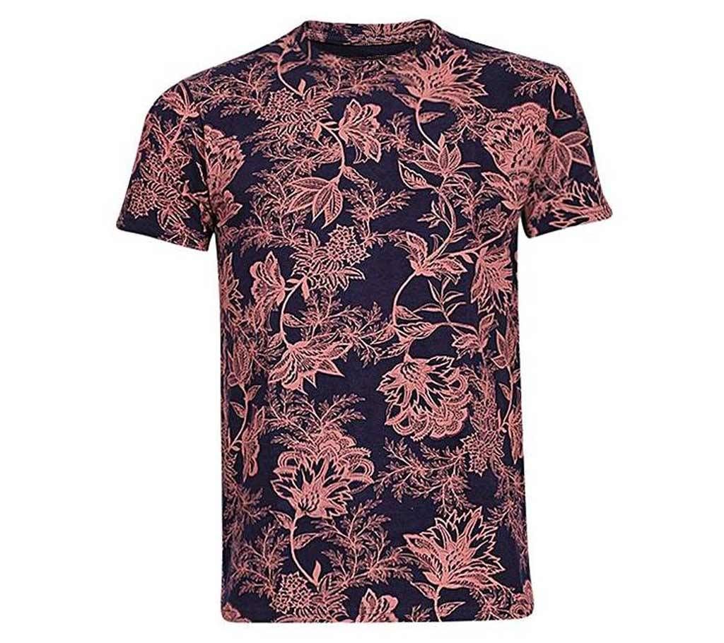 Navy Blue and Salmon Cotton Short Sleeve T-Shirt for Men