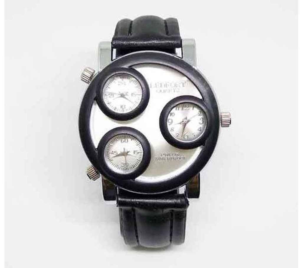 Triple Dial Leather Belt Gents Watch (Black)