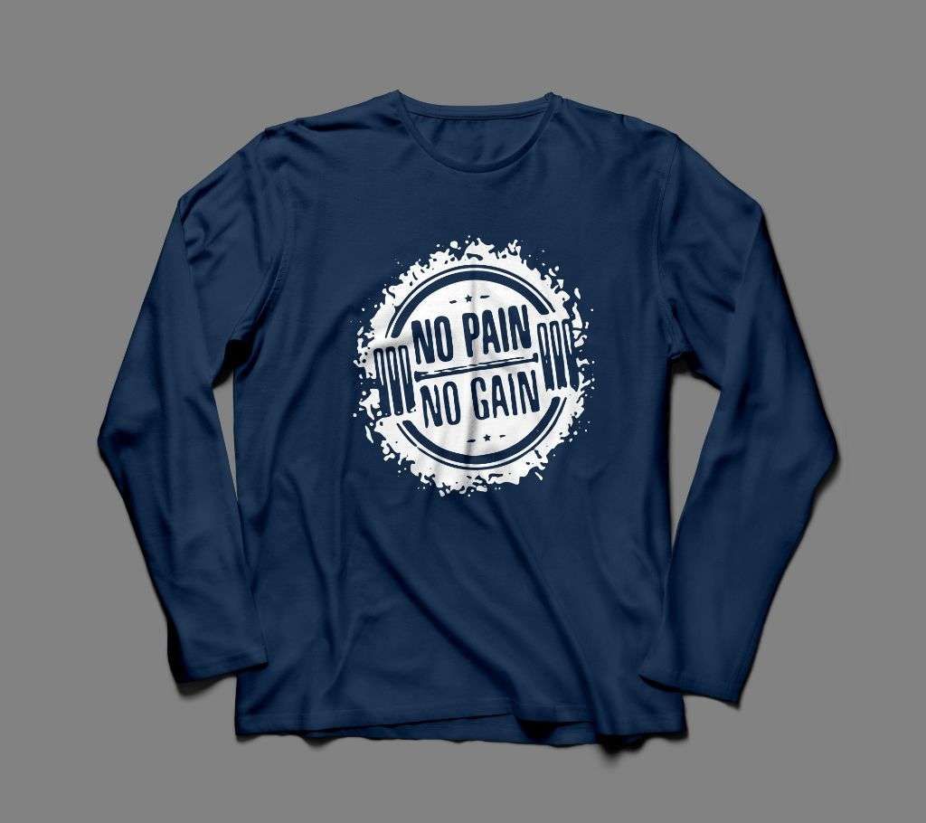 NO PAIN NO GAIN 2 LONG SLEEVE NAVY BLUE COTTON TSHIRT FOR MEN