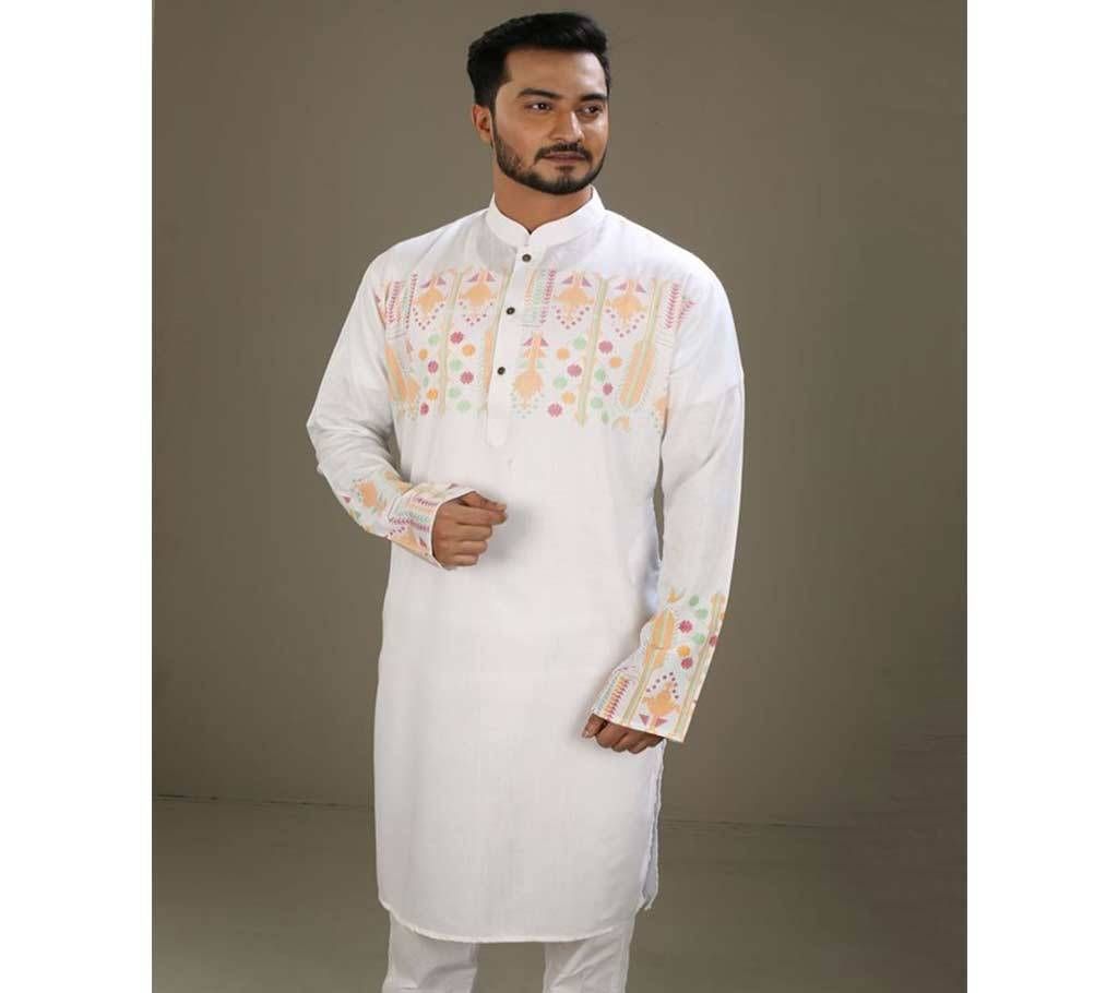 Mens Boishakhi Cotton Punjabi-White