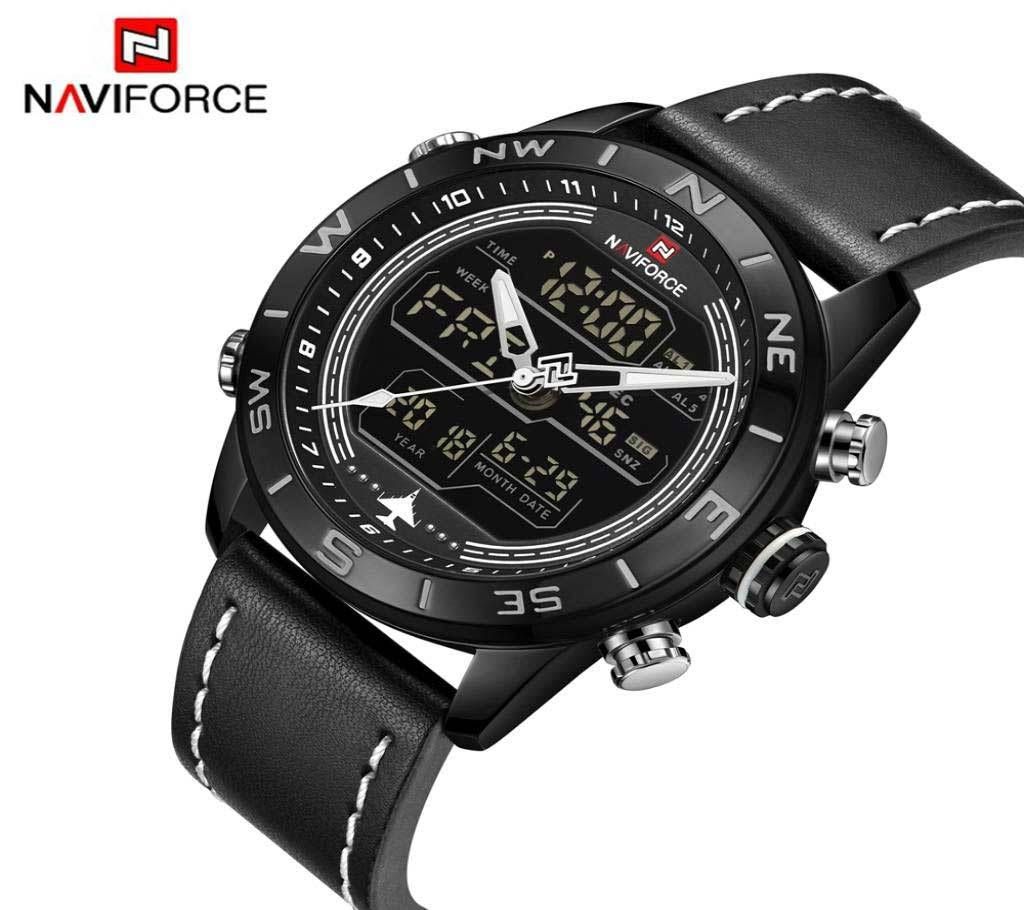 NAVIFORCE NF9144  Mens Double Display PU Leather Watch For Men - BLACK