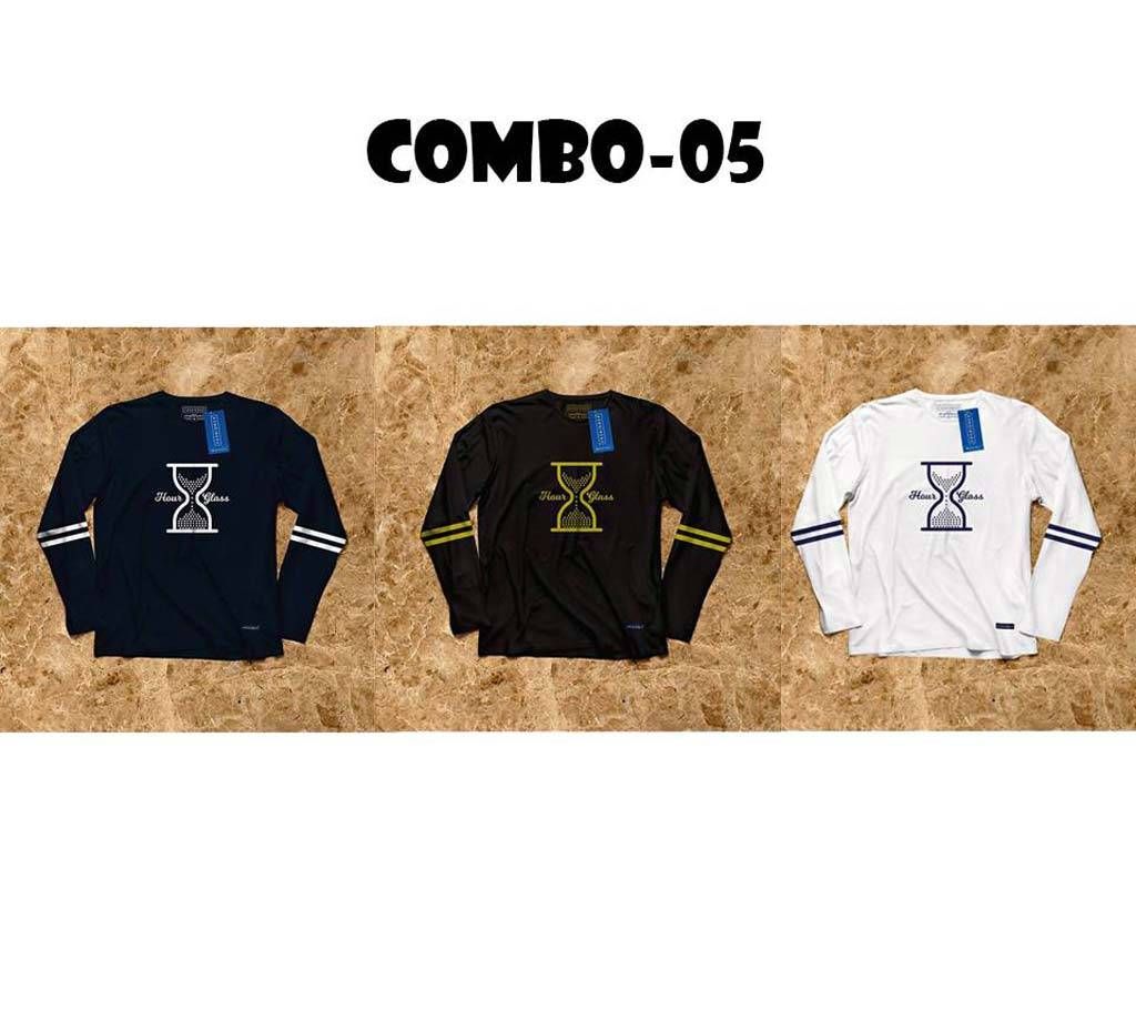3pcs Deep Blue, Black & White Full Sleeve T-shirts Combo
