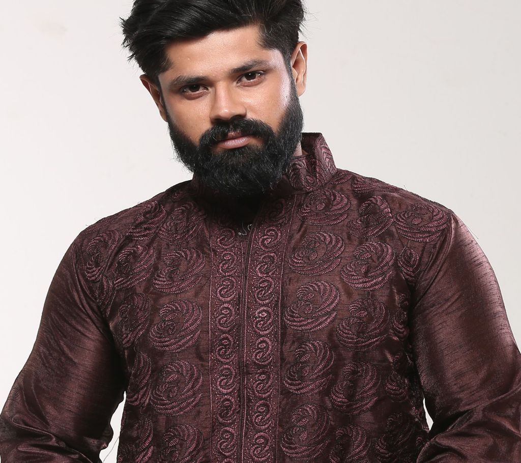 40 - Mens Cotton Punjabi - Brown Silk Embroidery