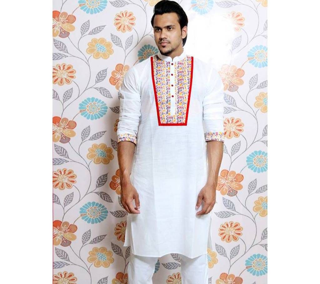 Boishakhi White Screen printed Panjabi for Men by Ritzy