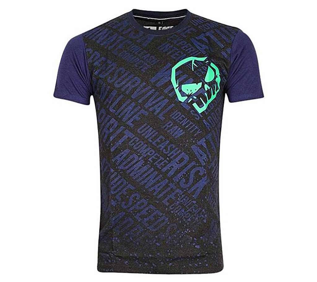 Navy Blue and Black Cotton Short Sleeve T-Shirt for Men