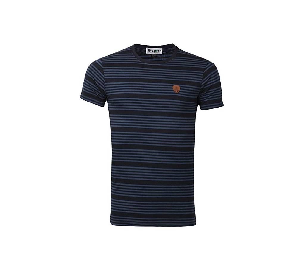 Blue and Black Cotton Short Sleeves T-Shirt for Men