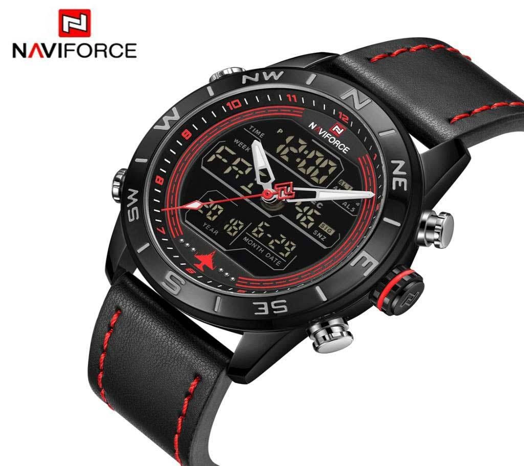 NAVIFORCE NF9144 Men's Double Display PU Leather Watch For Men - BLACK & RED