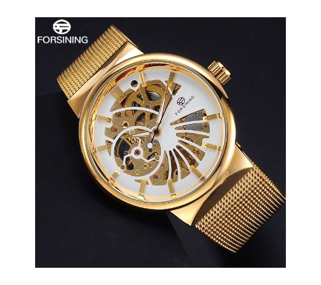 FORSINING classic fashion Mens watches skeleton design stainless steel gold Color hand wind mechanical watch man luxury watch