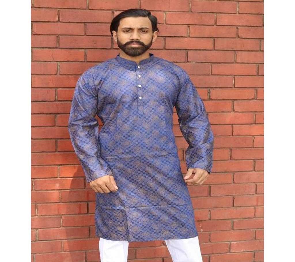 Menz Semi Long Panjabi - Blue Color With Gold Color Flower Print (SU519)