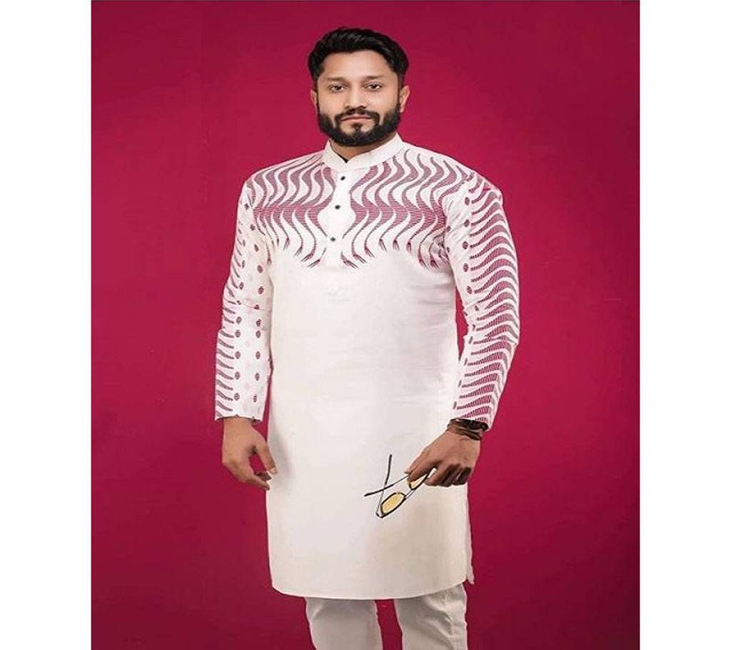 Off White with Pink Net Wave Design around Shoulder Cotton Panjabi  23